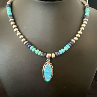 Navajo Opal Inlay Pendant with Turquoise Lapis Pearls | Sterling Silver Necklace | Authentic Native American Handmade | 16846