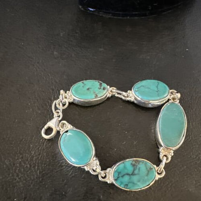 Navajo Blue Turquoise Link Bracelet | Sterling Silver | 8" | Authentic Native American Handmade | 15471