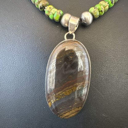 Navajo Green Turquoise Jasper Pendant | Sterling Silver Necklace | Authentic Native American Handmade | 16922