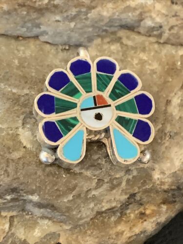 Zuni Sunface Turquoise Lapis Malachite Inlay Pendant | Sterling Silver | 1" | Authentic Native American Handmade | 1183