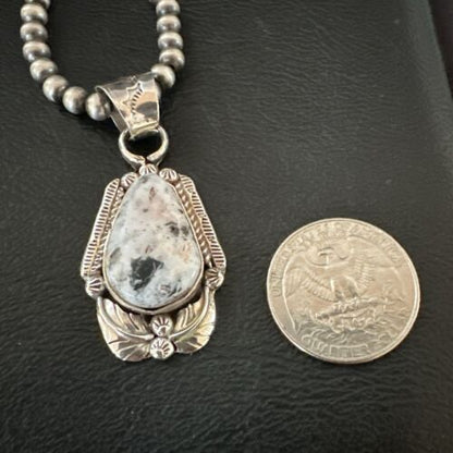 White Buffalo Turquoise Pendant | Navajo Pearls | Sterling Silver Necklace 21" | 17327