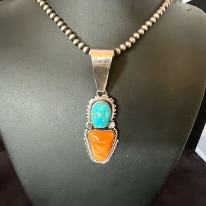 Navajo Blue Kingman Turquoise Spiny Pendant Necklace | Sterling Silver | Multi-Stone | 16825