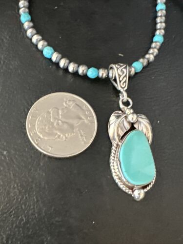 Navajo Pearls Kingman Turquoise Pendant Necklace | Sterling Silver | Authentic Native American Handmade | 14894