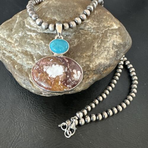 Navajo Wild Horse Blue Kingman Turquoise Necklace | Sterling Silver | 17337
