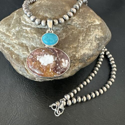 Navajo Wild Horse Blue Kingman Turquoise Necklace | Sterling Silver | 17337