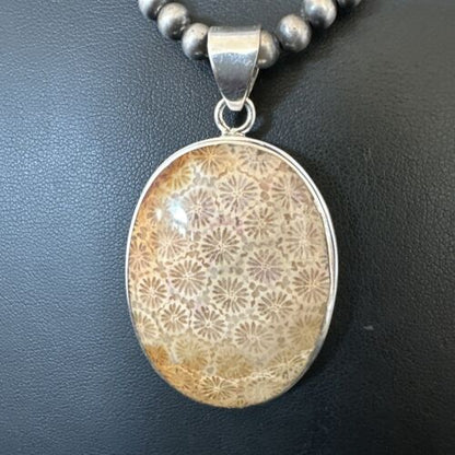 Navajo Champagne Fossil Coral Pendant Necklace | Sterling Silver Beads | Authentic Native American Handmade | 16370