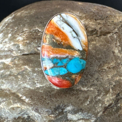 Navajo Turquoise Spiny Oyster Ring | Sterling Silver | Sz 8 | Authentic Native American Handmade | 16609 - Masha USA