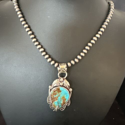 Navajo Blue Turquoise Pendant Necklace | Sterling Silver Pearls | Authentic Native American Handmade | 15652