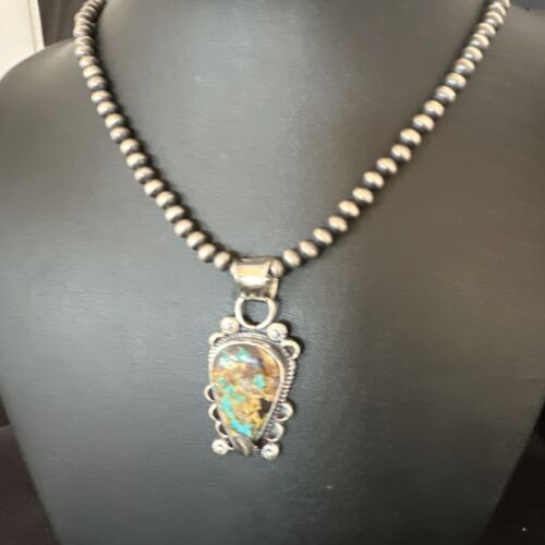 Navajo Blue Turquoise Pendant Necklace | Sterling Silver Pearls | Authentic Native American Handmade | 15657