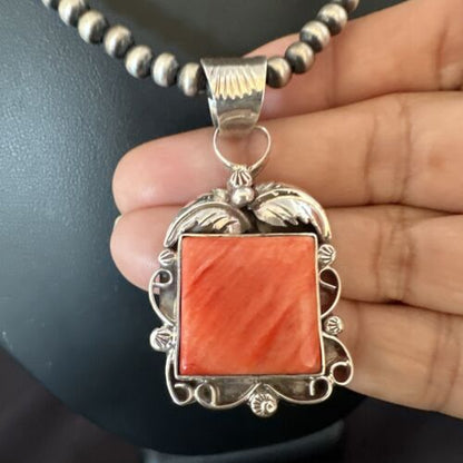 Navajo Red Spiny Oyster Pendant Necklace | Sterling Silver | Authentic Native American Handmade | 16143