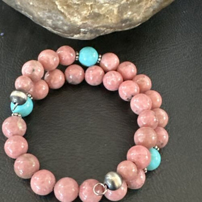 Navajo Pink Rhodochrosite Turquoise Bracelet | Stainless Steel Memory Wire | Authentic Native American Handmade | 17626 - Masha USA