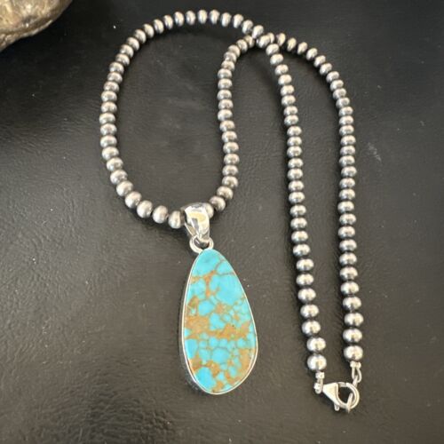Navajo Blue Kingman Turquoise Pendant Necklace | Sterling Silver Pearls | 20" | Authentic Native American Handmade | 16673
