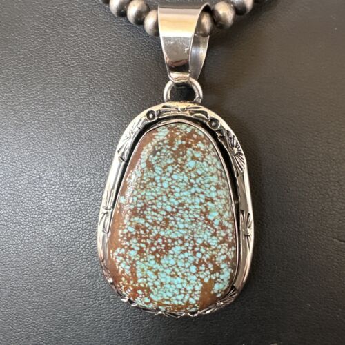 Navajo Blue Turquoise #8 Pendant | Sterling Silver Necklace with Pearls | Authentic Native American Handmade | 16347