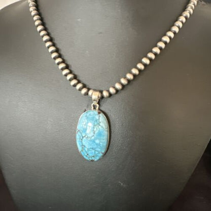 Navajo Blue Spiderweb Turquoise Pendant Necklace | Sterling Silver | Authentic Native American Handmade | 17021