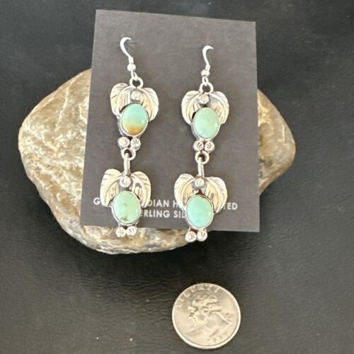 Navajo Blue Green Turquoise Dangle Earrings | Sterling Silver | 1.5" | Authentic Native American Handmade | 17385