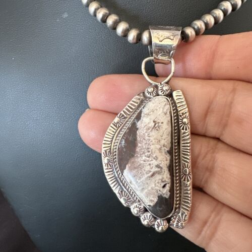 White Buffalo Turquoise Pendant | Navajo Pearls | Sterling Silver Necklace 21" | 17106