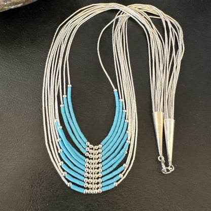 Navajo Blue Turquoise Necklace | 10-Strand | Sterling Liquid Silver Tube Heishi | 22" | 16449