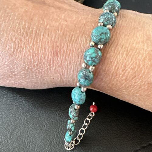 Southwestern Blue Turquoise Bead Link Bracelet | Sterling Silver | 8" | 17231