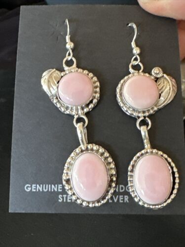 Navajo Pink Queen Conch Shell Dangle Earrings | Sterling Silver | Authentic Native American Handmade | 17216