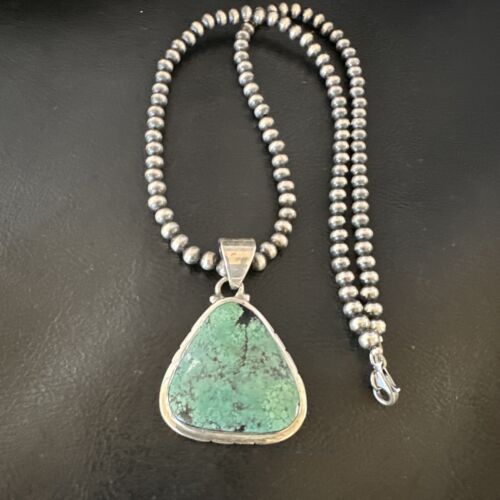 Men's Navajo Blue Spiderweb Turquoise Pendant Necklace | Sterling Silver | Authentic Native American Handmade | 16223