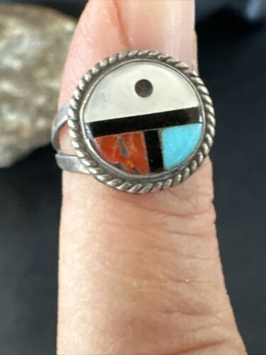 Zuni Pinky Coral Turquoise Onyx Mother of Pearl Inlay Ring | Sz 3 | Sterling Silver | 14918