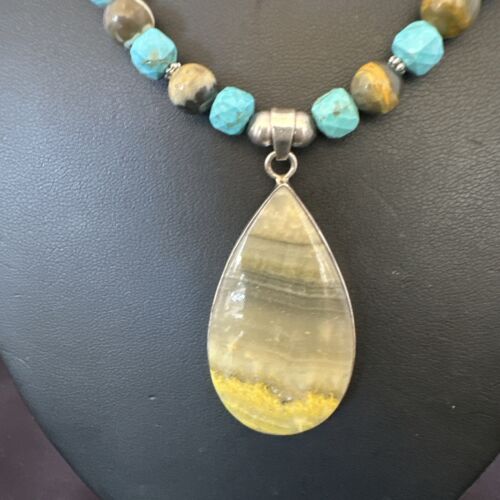 Men's BumbleBee Jasper Pendant Necklace | Navajo Pearls | Sterling Silver | Authentic Native American Handmade | 16875 - Masha USA