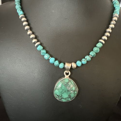 Men's Blue Spiderweb Turquoise Pendant Necklace | Navajo Sterling Silver | Authentic Native American Handmade | 17086