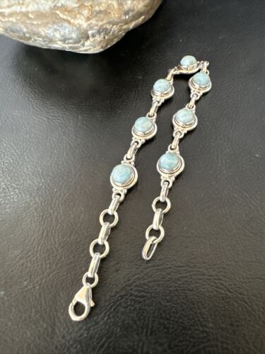 Navajo Blue Larimar Link Bracelet | Sterling Silver | 8" | Authentic Native American Handmade | 16084