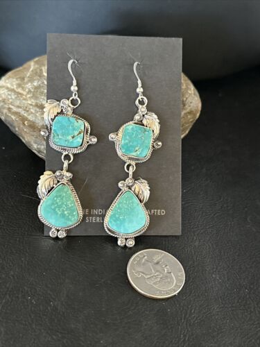 Navajo Blue Kingman Turquoise Dangle Earrings | Sterling Silver | Authentic Native American Handmade | 15185