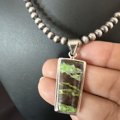 Navajo Green Gaspeite Pendant Necklace | Sterling Silver | Authentic Native American Handmade | 16361
