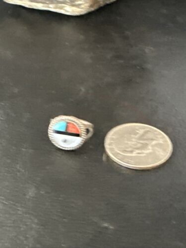 Zuni Pinky Coral Turquoise Onyx Mother of Pearl Inlay Ring | Sz 3 | Sterling Silver | 14918