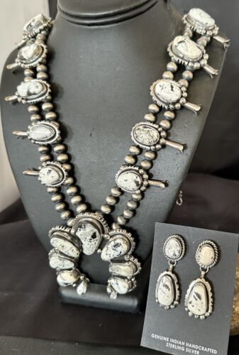 Navajo White Buffalo Turquoise Pendant | Sterling Silver Naja Squash Blossom Necklace | 17442