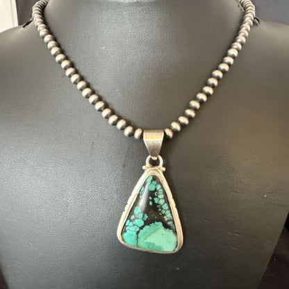 Men's Navajo Blue Spiderweb Turquoise Pendant Necklace | Sterling Silver | Authentic Native American Handmade | 16230