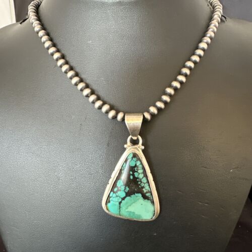Men's Navajo Blue Spiderweb Turquoise Pendant Necklace | Sterling Silver | Authentic Native American Handmade | 16230