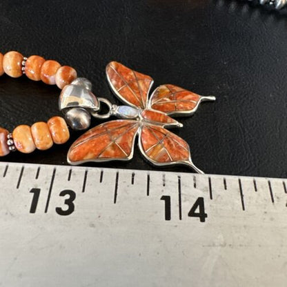 Navajo Butterfly Orange Spiny Oyster Inlay Sterling Silver Pendant Necklace | 15428