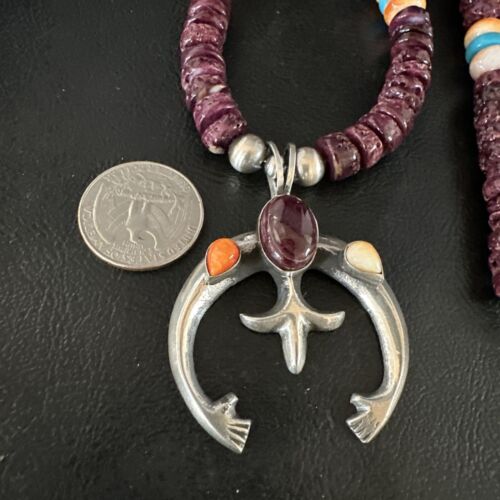 Navajo Purple Spiny Oyster Turquoise Naja Pendant Necklace | Sterling Silver | Native American Handmade | 15273