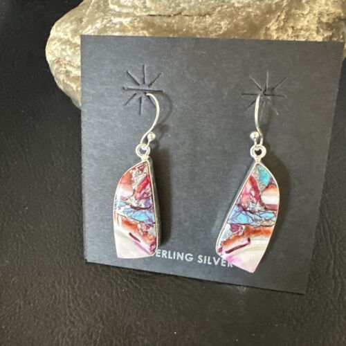 Navajo Blue Turquoise Purple Spiny Oyster Inlay Dangle Earrings | Sterling Silver | 15566