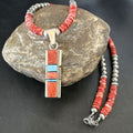 Red Spiny Oyster Opal Inlay Pendant Necklace | Navajo Sterling Silver | 16886