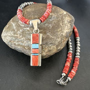 Red Spiny Oyster Opal Inlay Pendant Necklace | Navajo Sterling Silver | 16886