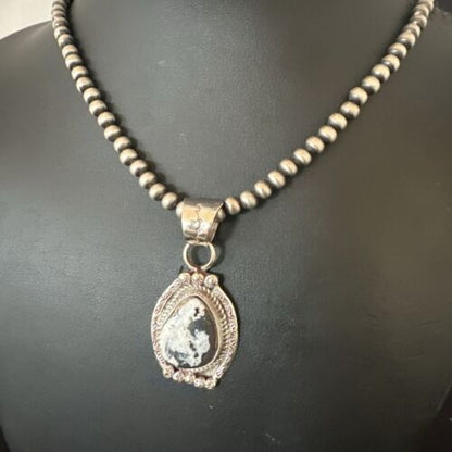 White Buffalo Turquoise Pendant | Navajo Pearls | Sterling Silver Necklace 21" | 17328 - Masha USA