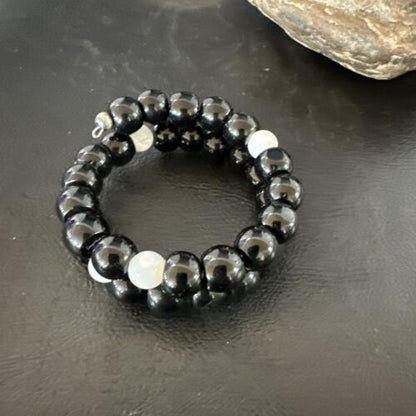 Memory Wire Stainless Steel Bracelet | Black Onyx & Mother of Pearl Beads | 17619