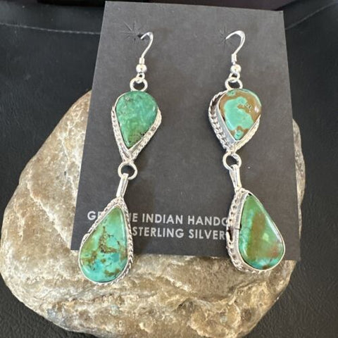 Green Royston Turquoise Navajo Sterling Silver Dangle Earrings 16493