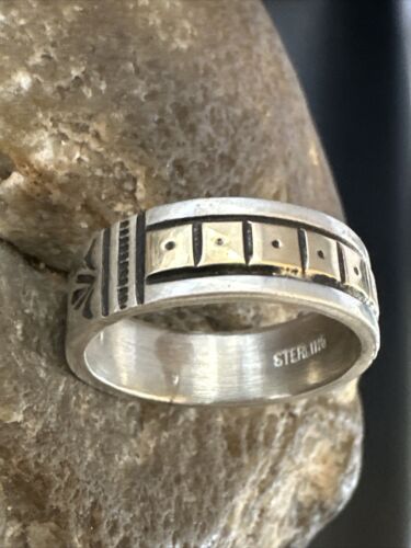 Men's Wedding Band | Navajo Stamped 14K Gold Sterling Silver Ring | Sz 10 | 15463