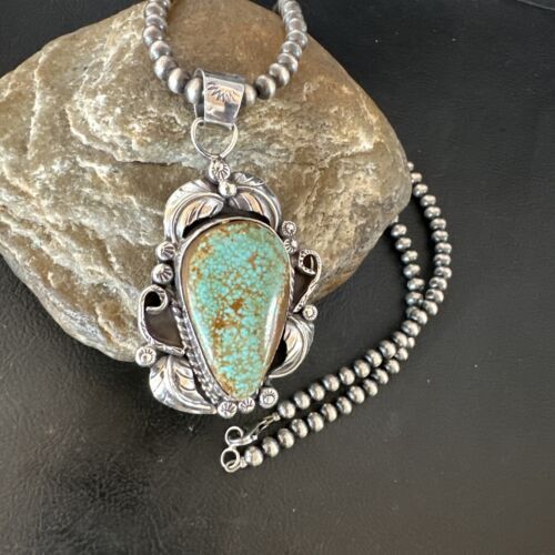 Navajo Blue Turquoise #8 Pendant | Sterling Silver Necklace with Pearls | Authentic Native American Handmade | 15901