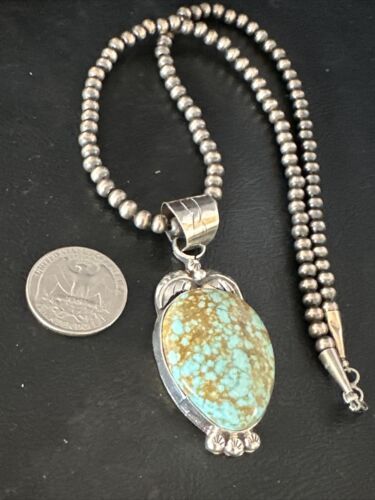 Navajo Pearls Sterling Silver Necklace Pendant | Blue Turquoise #8 | Authentic Native American Handmade | 14856