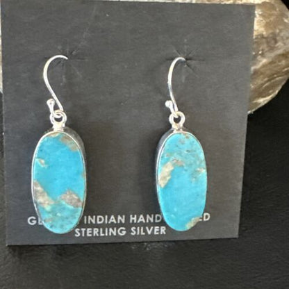 Navajo Blue Turquoise Dangle Earrings | Sterling Silver | Authentic Native American Handmade | 15432