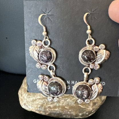 Navajo Purple Sugilite Dangle Earrings | Sterling Silver | 2" | Authentic Native American Handmade | 15693