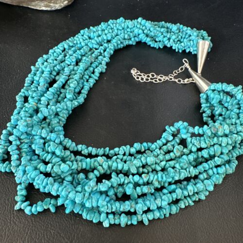 Blue Turquoise Nugget Bead Necklace | 10 Strand | Navajo Sterling Silver | 22" | 15030