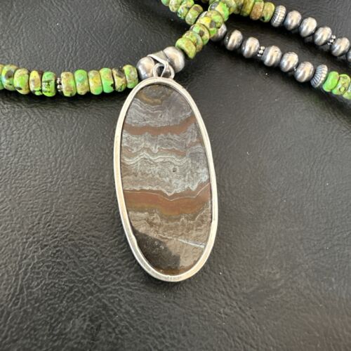 Navajo Green Turquoise Jasper Pendant | Sterling Silver Necklace | Authentic Native American Handmade | 17053