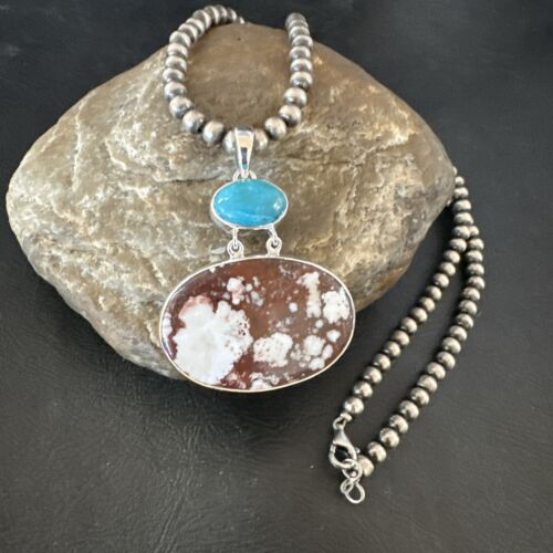 Navajo Wild Horse | Blue Kingman Turquoise Necklace | Sterling Silver | Authentic Native American Handmade | 17305